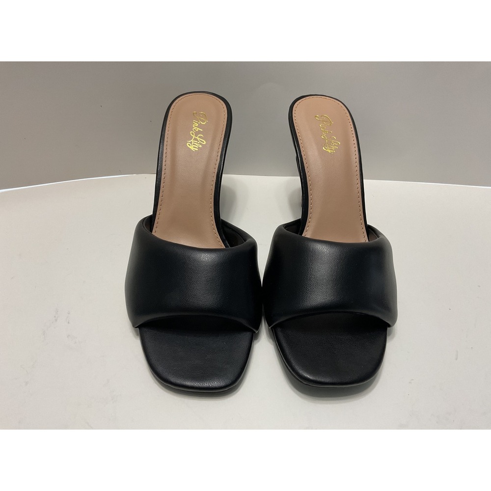Pink Lily Isley-33 Puffy Heel Black Faux Leather Square Toe Mule Sandals 3" Heel